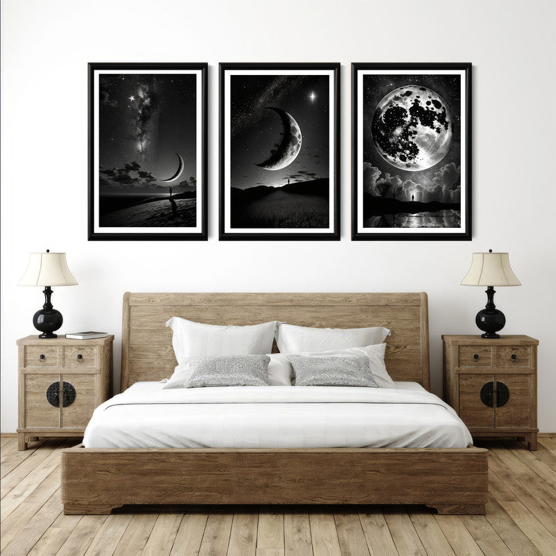 LuxuryStroke's Abstract Black And White Wall Painting, Minimalist Black And White Artand Moon Art Black And White Painting - Monochrome Art - Set Of 3 Moon Paintings - Lunar Phases
