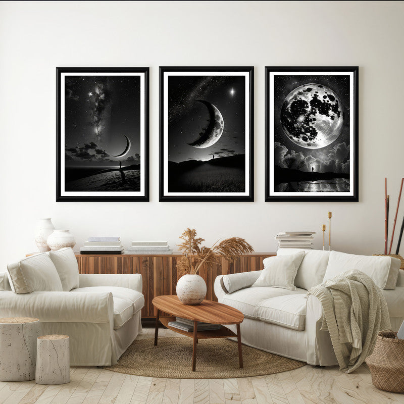 LuxuryStroke's Abstract Black And White Wall Painting, Minimalist Black And White Artand Moon Art Black And White Painting - Monochrome Art - Set Of 3 Moon Paintings - Lunar Phases