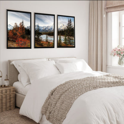 LuxuryStroke's Nature Painting Landscape, Acrylic Landscape Paintingand Landscape Art - Landscape Art - Autumn Forest, Snow Capped Mountains & A River - Set of 3