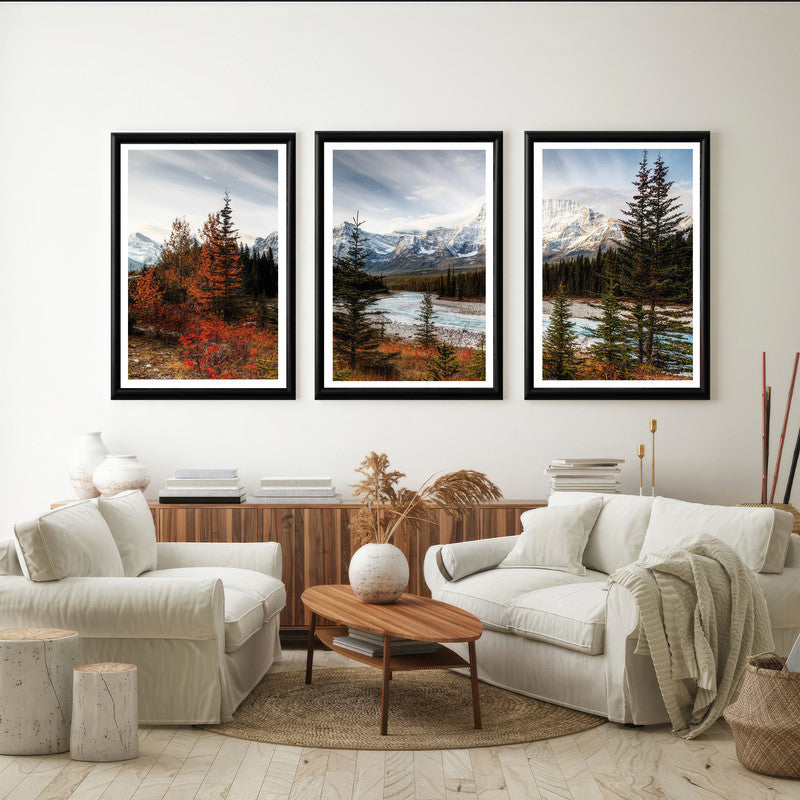 LuxuryStroke's Nature Painting Landscape, Acrylic Landscape Paintingand Landscape Art - Landscape Art - Autumn Forest, Snow Capped Mountains & A River - Set of 3