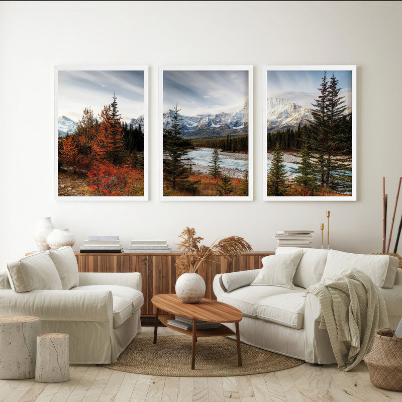 LuxuryStroke's Nature Painting Landscape, Acrylic Landscape Paintingand Landscape Art - Landscape Art - Autumn Forest, Snow Capped Mountains & A River - Set of 3