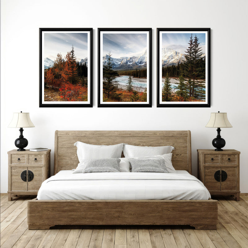 LuxuryStroke's Nature Painting Landscape, Acrylic Landscape Paintingand Landscape Art - Landscape Art - Autumn Forest, Snow Capped Mountains & A River - Set of 3