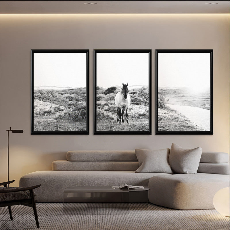 LuxuryStroke's Black & White Arts Horse Painting, Aesthetic Black And White Artand White Black Abstract Art - Horse In The Wild - Monochrome Paintings - Set Of 3