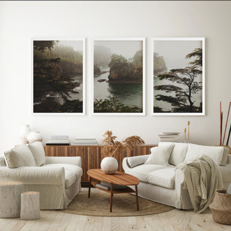 LuxuryStroke's Nature Painting Landscape, Beautiful Landscape Artand Landscape Painting Artwork - Landscape Art - Riverside Forest In Fog & Mist - Set Of 3 Paintings