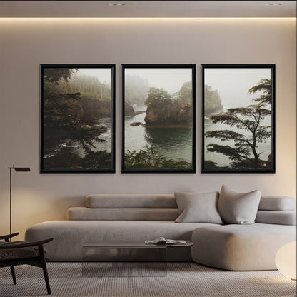 LuxuryStroke's Nature Painting Landscape, Beautiful Landscape Artand Landscape Painting Artwork - Landscape Art - Riverside Forest In Fog & Mist - Set Of 3 Paintings
