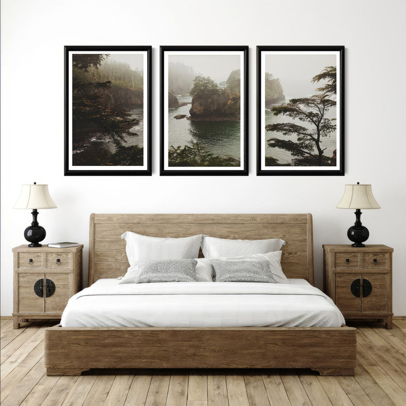 LuxuryStroke's Nature Painting Landscape, Beautiful Landscape Artand Landscape Painting Artwork - Landscape Art - Riverside Forest In Fog & Mist - Set Of 3 Paintings