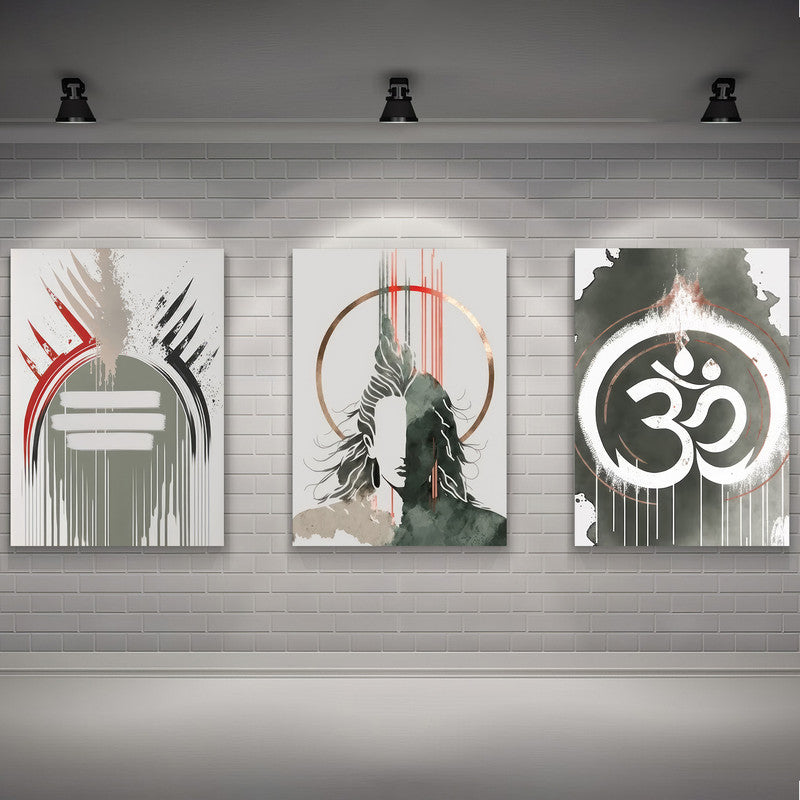 LuxuryStroke's Lord Shiva Paintings , Lord Shiva Art Paintingsand Lord Shiva Paintigs  - Shiva Spiritual Paintings - Set Of 3 Spiritual Art Paintings Featuring Shiva, Shiv Ling And Om