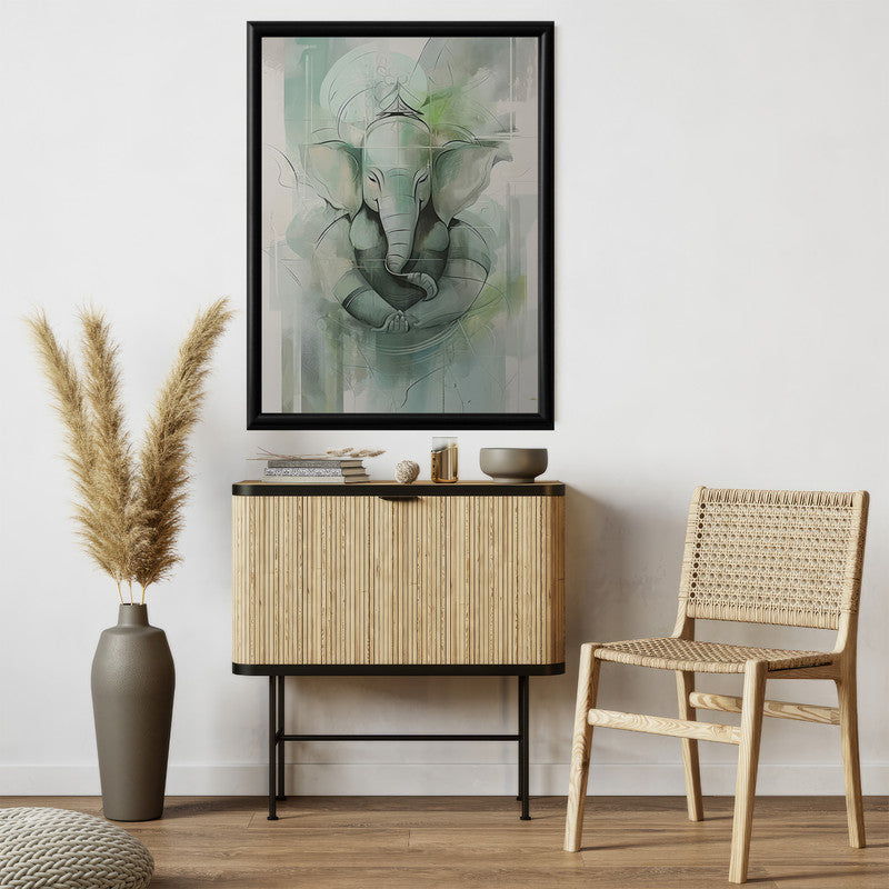 LuxuryStroke's Creative Ganesha Painting, Modern Art Of Ganpatiand Modern Ganesha Acrylic Painting - Ganesha's Serene Blessings: Spiritual Art In Light Green Hues