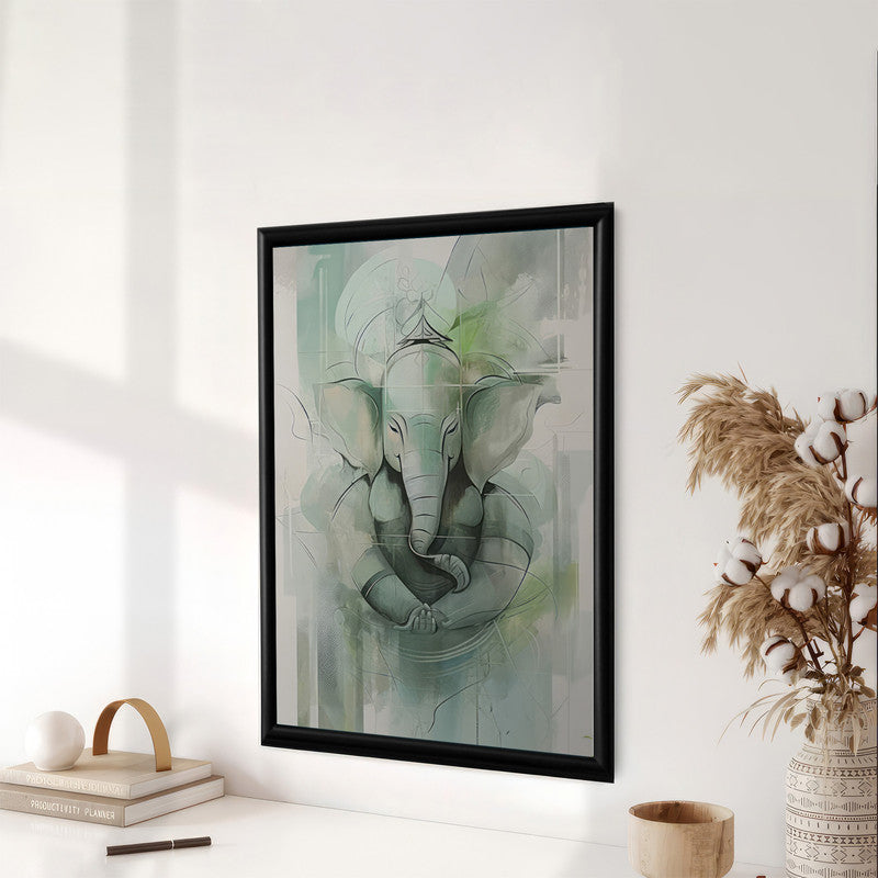 LuxuryStroke's Creative Ganesha Painting, Modern Art Of Ganpatiand Modern Ganesha Acrylic Painting - Ganesha's Serene Blessings: Spiritual Art In Light Green Hues