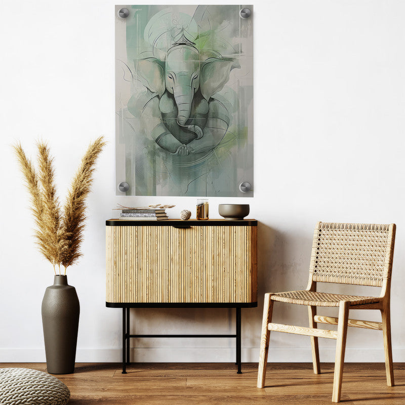 LuxuryStroke's Creative Ganesha Painting, Modern Art Of Ganpatiand Modern Ganesha Acrylic Painting - Ganesha's Serene Blessings: Spiritual Art In Light Green Hues