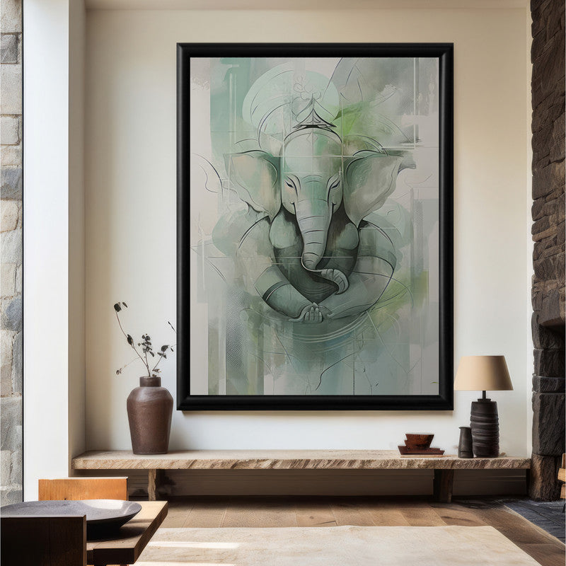 LuxuryStroke's Creative Ganesha Painting, Modern Art Of Ganpatiand Modern Ganesha Acrylic Painting - Ganesha's Serene Blessings: Spiritual Art In Light Green Hues