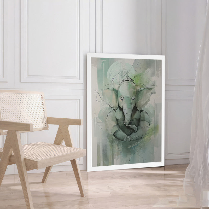 LuxuryStroke's Creative Ganesha Painting, Modern Art Of Ganpatiand Modern Ganesha Acrylic Painting - Ganesha's Serene Blessings: Spiritual Art In Light Green Hues