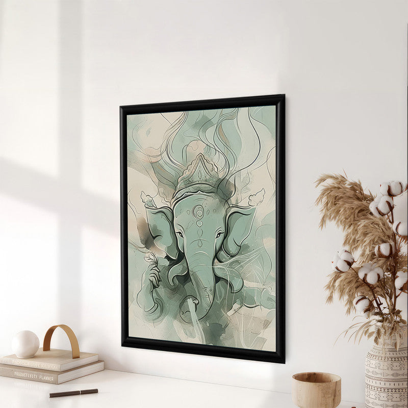 LuxuryStroke's Creative Ganesha Painting, Modern Art Of Ganpatiand Modern Ganesha Acrylic Painting - Ganesha's Serene Blessings: Spiritual Art In Light Green Hues