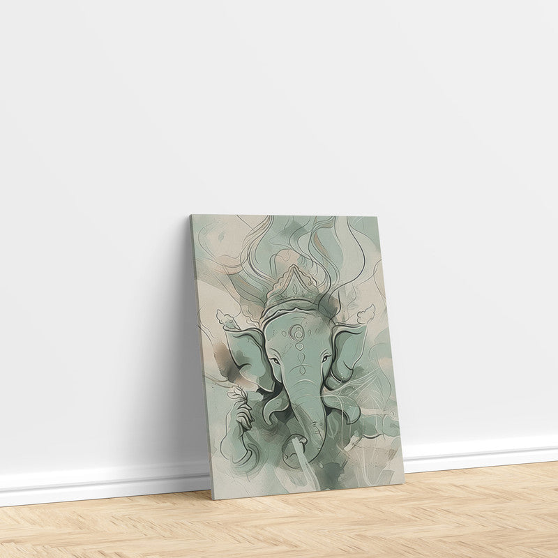 LuxuryStroke's Creative Ganesha Painting, Modern Art Of Ganpatiand Modern Ganesha Acrylic Painting - Ganesha's Serene Blessings: Spiritual Art In Light Green Hues