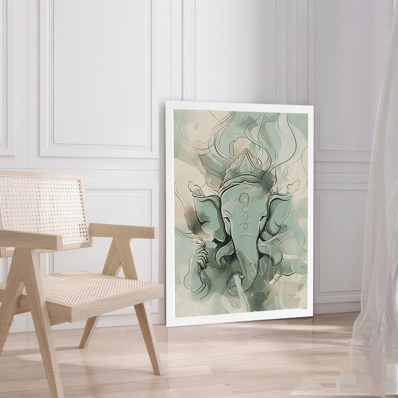 LuxuryStroke's Creative Ganesha Painting, Modern Art Of Ganpatiand Modern Ganesha Acrylic Painting - Ganesha's Serene Blessings: Spiritual Art In Light Green Hues