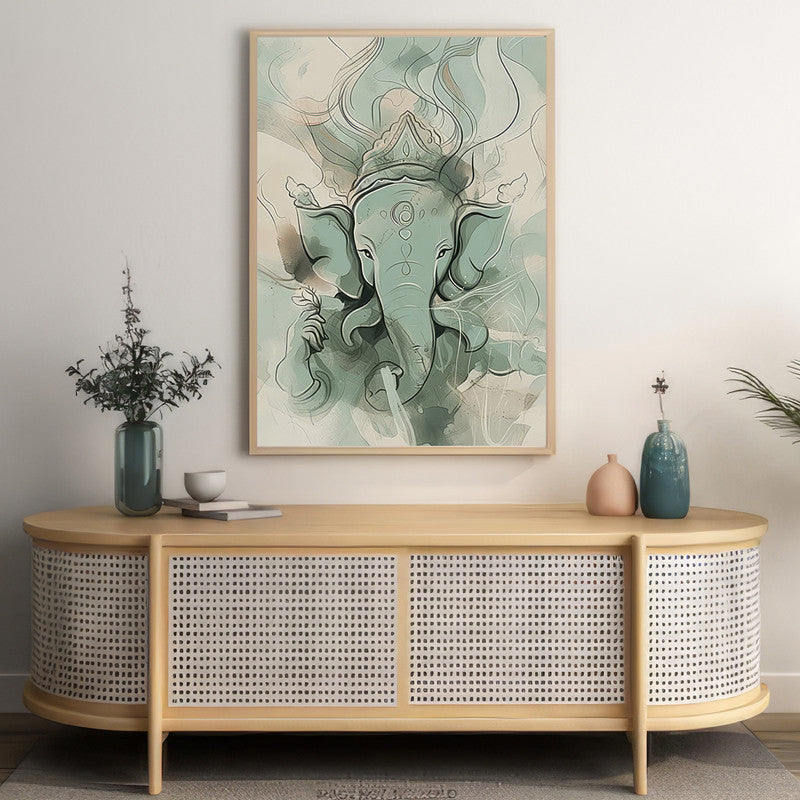 LuxuryStroke's Creative Ganesha Painting, Modern Art Of Ganpatiand Modern Ganesha Acrylic Painting - Ganesha's Serene Blessings: Spiritual Art In Light Green Hues