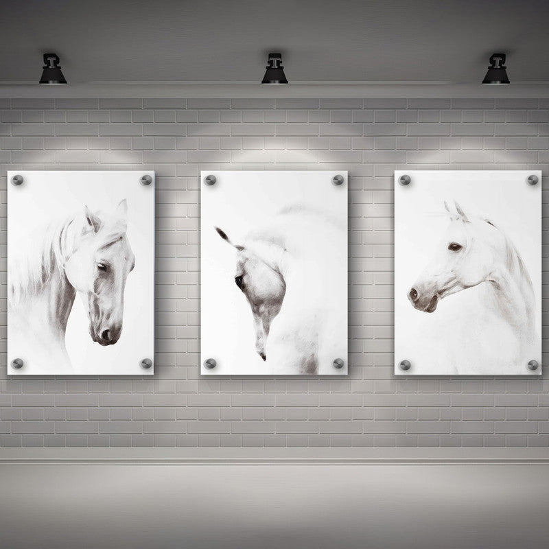 LuxuryStroke's White Horse Art Painting, Horse White Art Paintingand Abstract Animal Paintings - Horse Paintings - Three Horses In Artful Harmony - Set Of 3 Paintings