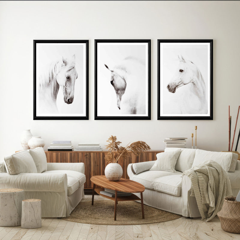 LuxuryStroke's White Horse Art Painting, Horse White Art Paintingand Abstract Animal Paintings - Horse Paintings - Three Horses In Artful Harmony - Set Of 3 Paintings