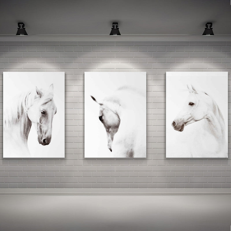 LuxuryStroke's White Horse Art Painting, Horse White Art Paintingand Abstract Animal Paintings - Horse Paintings - Three Horses In Artful Harmony - Set Of 3 Paintings