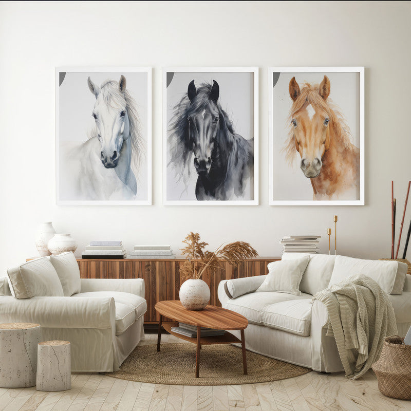 LuxuryStroke's Horse Art Minimalsitic Painting, Minimalistic Horse Paintingand Abstract Acrylic Artwork - Horse Paintings - Three Horses In Artful Harmony - Set Of 3 Paintings