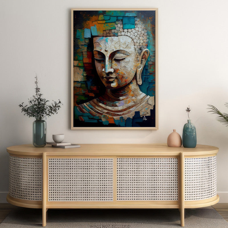 LuxuryStroke's Buddha Face Painting, Buddha Face Acrylic Paintingand Buddha Paintings For Living Room - Vibrant Buddha: A Spectrum Of Spiritual Artistry