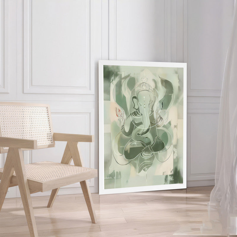 LuxuryStroke's Creative Ganesha Painting, Ganesh Modern Artand Ganpati Acrylic Painting - Contemporary Sage Green Ganesha Painting