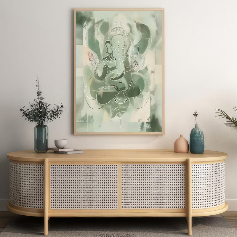 LuxuryStroke's Creative Ganesha Painting, Ganesh Modern Artand Ganpati Acrylic Painting - Contemporary Sage Green Ganesha Painting