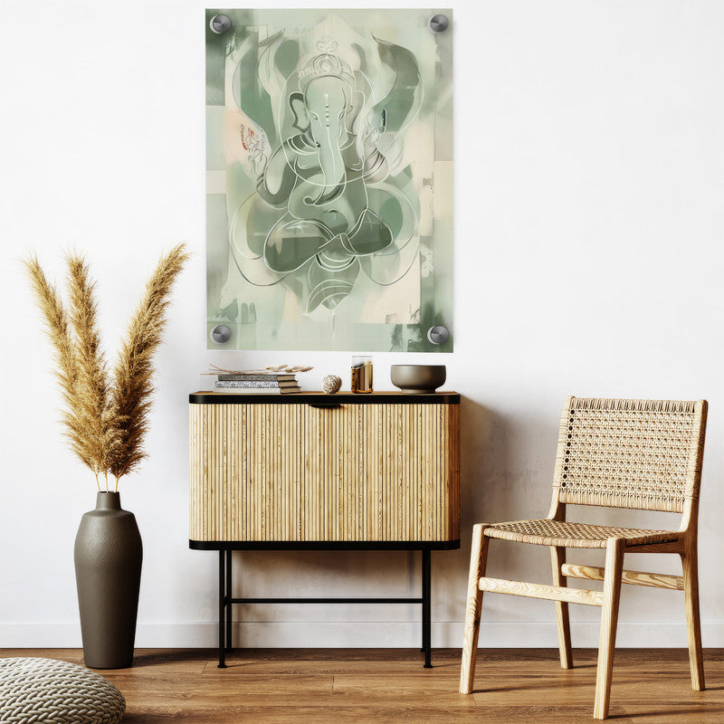 LuxuryStroke's Creative Ganesha Painting, Ganesh Modern Artand Ganpati Acrylic Painting - Contemporary Sage Green Ganesha Painting