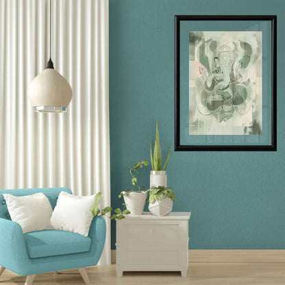 LuxuryStroke's Creative Ganesha Painting, Ganesh Modern Artand Ganpati Acrylic Painting - Contemporary Sage Green Ganesha Painting