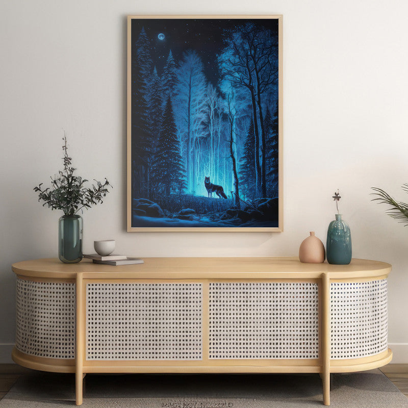 LuxuryStroke's Minimalistic Landscape Art, Acrylic Scenery Paintingand Landscape Art Watercolor - Mystical Forest Nocturne: A Lone Wolf's Silent Vigil