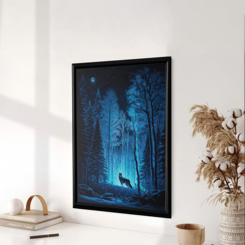 LuxuryStroke's Minimalistic Landscape Art, Acrylic Scenery Paintingand Landscape Art Watercolor - Mystical Forest Nocturne: A Lone Wolf's Silent Vigil