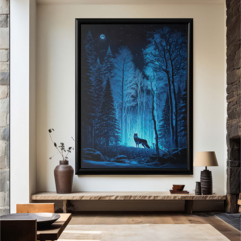 LuxuryStroke's Minimalistic Landscape Art, Acrylic Scenery Paintingand Landscape Art Watercolor - Mystical Forest Nocturne: A Lone Wolf's Silent Vigil