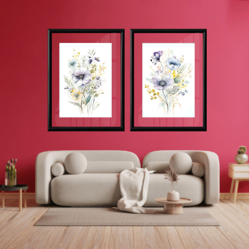 LuxuryStroke's Minimalistic Beautiful Floral Painting, Beautiful Flower Paintingand Floral Painting Acrylic - Whimsical Blooms Duet: Set Of 2 Floral Paintings In White and Yellow