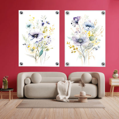 LuxuryStroke's Minimalistic Beautiful Floral Painting, Beautiful Flower Paintingand Floral Painting Acrylic - Whimsical Blooms Duet: Set Of 2 Floral Paintings In White and Yellow