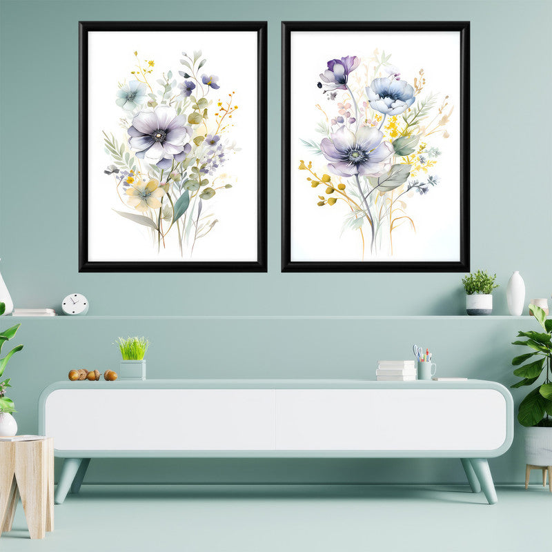 LuxuryStroke's Minimalistic Beautiful Floral Painting, Beautiful Flower Paintingand Floral Painting Acrylic - Whimsical Blooms Duet: Set Of 2 Floral Paintings In White and Yellow