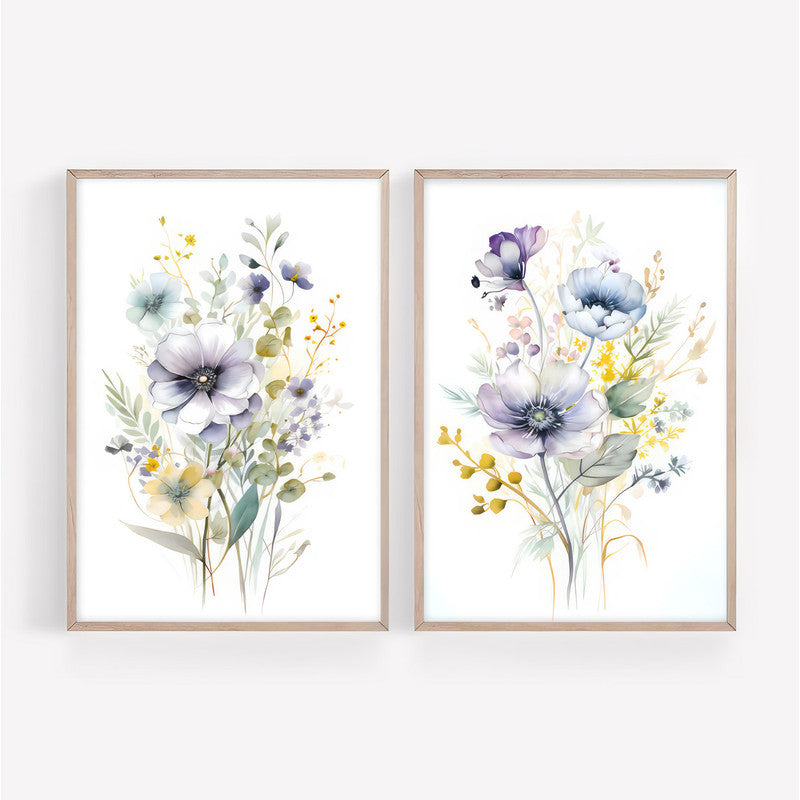 LuxuryStroke's Minimalistic Beautiful Floral Painting, Beautiful Flower Paintingand Floral Painting Acrylic - Whimsical Blooms Duet: Set Of 2 Floral Paintings In White and Yellow