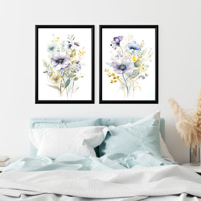 LuxuryStroke's Minimalistic Beautiful Floral Painting, Beautiful Flower Paintingand Floral Painting Acrylic - Whimsical Blooms Duet: Set Of 2 Floral Paintings In White and Yellow