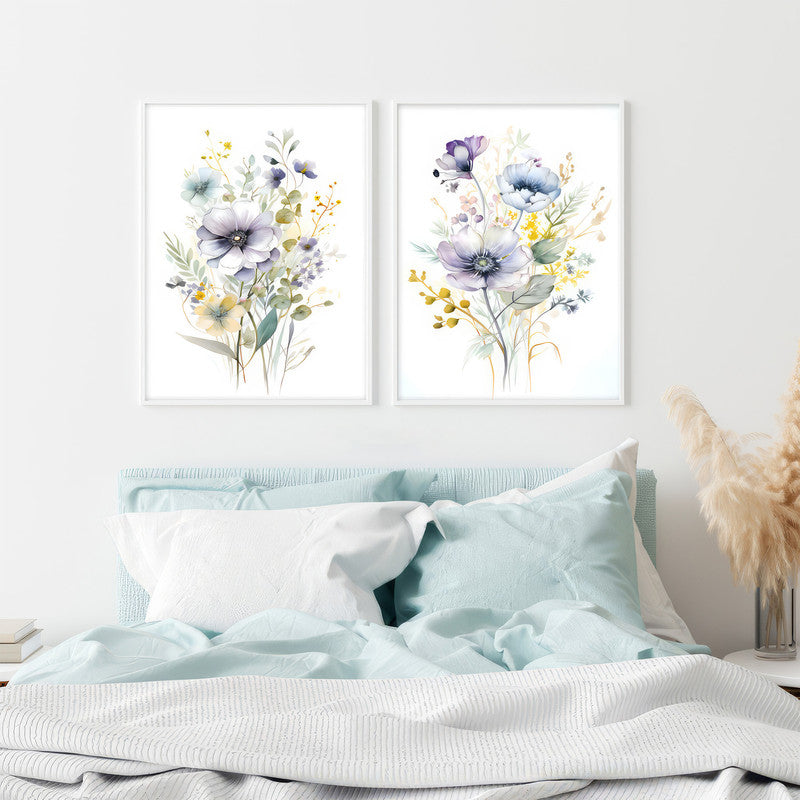 LuxuryStroke's Minimalistic Beautiful Floral Painting, Beautiful Flower Paintingand Floral Painting Acrylic - Whimsical Blooms Duet: Set Of 2 Floral Paintings In White and Yellow