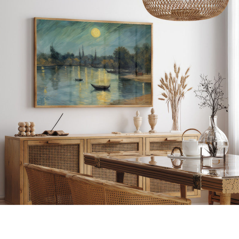 LuxuryStroke's Acrylic Scenery Painting, Landscape Artand Acrylic Landscape Painting - Boats On A River Bank