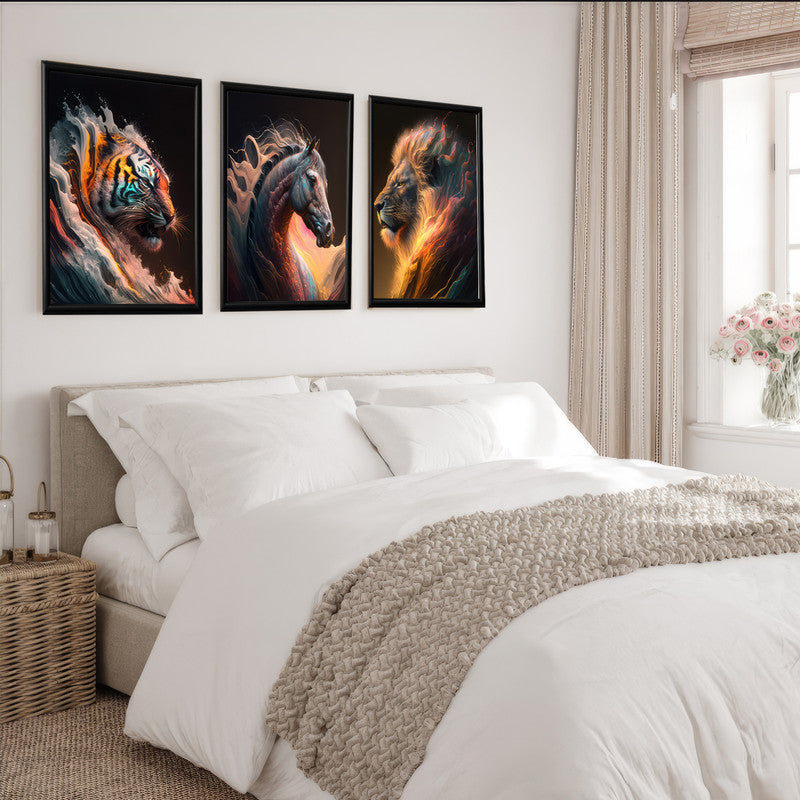 LuxuryStroke's Horse Art Minimalsitic Painting, Minimalistic Horse Paintingand Abstract Acrylic Artwork - Wildlife Paintings - Horse, Lion And A Tiger - Set Of 3 Paintings