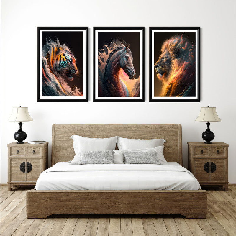 LuxuryStroke's Horse Art Minimalsitic Painting, Minimalistic Horse Paintingand Abstract Acrylic Artwork - Wildlife Paintings - Horse, Lion And A Tiger - Set Of 3 Paintings