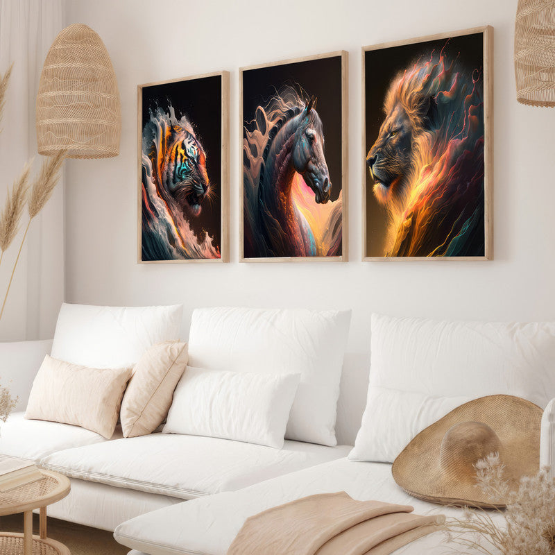 LuxuryStroke's Horse Art Minimalsitic Painting, Minimalistic Horse Paintingand Abstract Acrylic Artwork - Wildlife Paintings - Horse, Lion And A Tiger - Set Of 3 Paintings