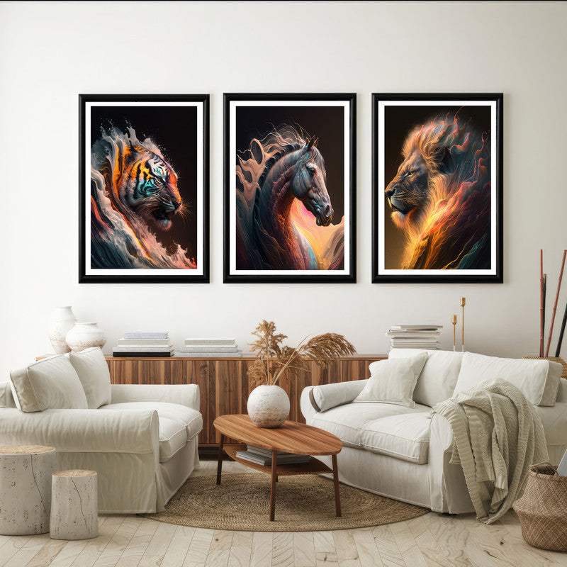 LuxuryStroke's Horse Art Minimalsitic Painting, Minimalistic Horse Paintingand Abstract Acrylic Artwork - Wildlife Paintings - Horse, Lion And A Tiger - Set Of 3 Paintings