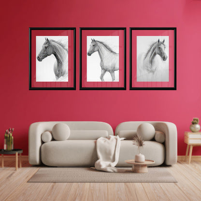 LuxuryStroke's White Horse Art Painting, Horse White Art Paintingand Abstract Animal Paintings - Horse Paintings - Three Horses In Artful Harmony - Set Of 3 Paintings