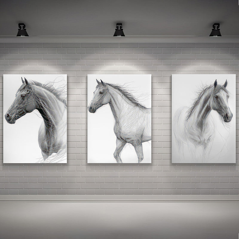 LuxuryStroke's White Horse Art Painting, Horse White Art Paintingand Abstract Animal Paintings - Horse Paintings - Three Horses In Artful Harmony - Set Of 3 Paintings