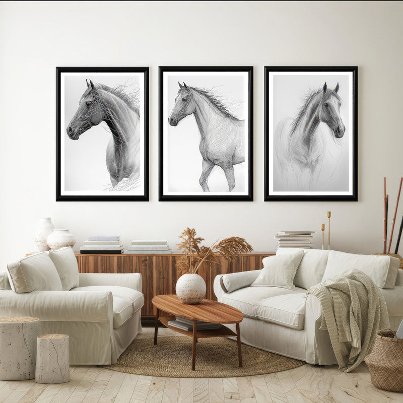LuxuryStroke's White Horse Art Painting, Horse White Art Paintingand Abstract Animal Paintings - Horse Paintings - Three Horses In Artful Harmony - Set Of 3 Paintings