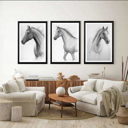 LuxuryStroke's White Horse Art Painting, Horse White Art Paintingand Abstract Animal Paintings - Horse Paintings - Three Horses In Artful Harmony - Set Of 3 Paintings