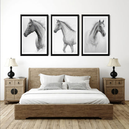 LuxuryStroke's White Horse Art Painting, Horse White Art Paintingand Abstract Animal Paintings - Horse Paintings - Three Horses In Artful Harmony - Set Of 3 Paintings