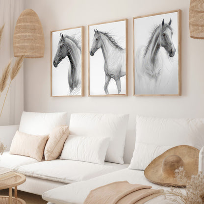 LuxuryStroke's White Horse Art Painting, Horse White Art Paintingand Abstract Animal Paintings - Horse Paintings - Three Horses In Artful Harmony - Set Of 3 Paintings