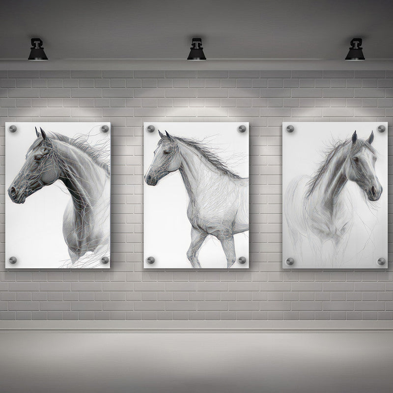 LuxuryStroke's White Horse Art Painting, Horse White Art Paintingand Abstract Animal Paintings - Horse Paintings - Three Horses In Artful Harmony - Set Of 3 Paintings